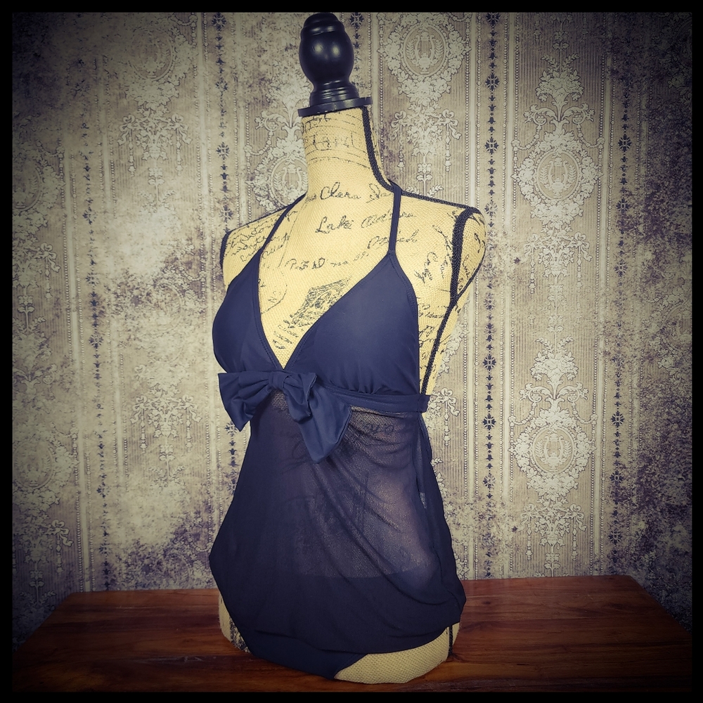 Black Smocked Waist Mesh Torso One Piece Bathing Suit